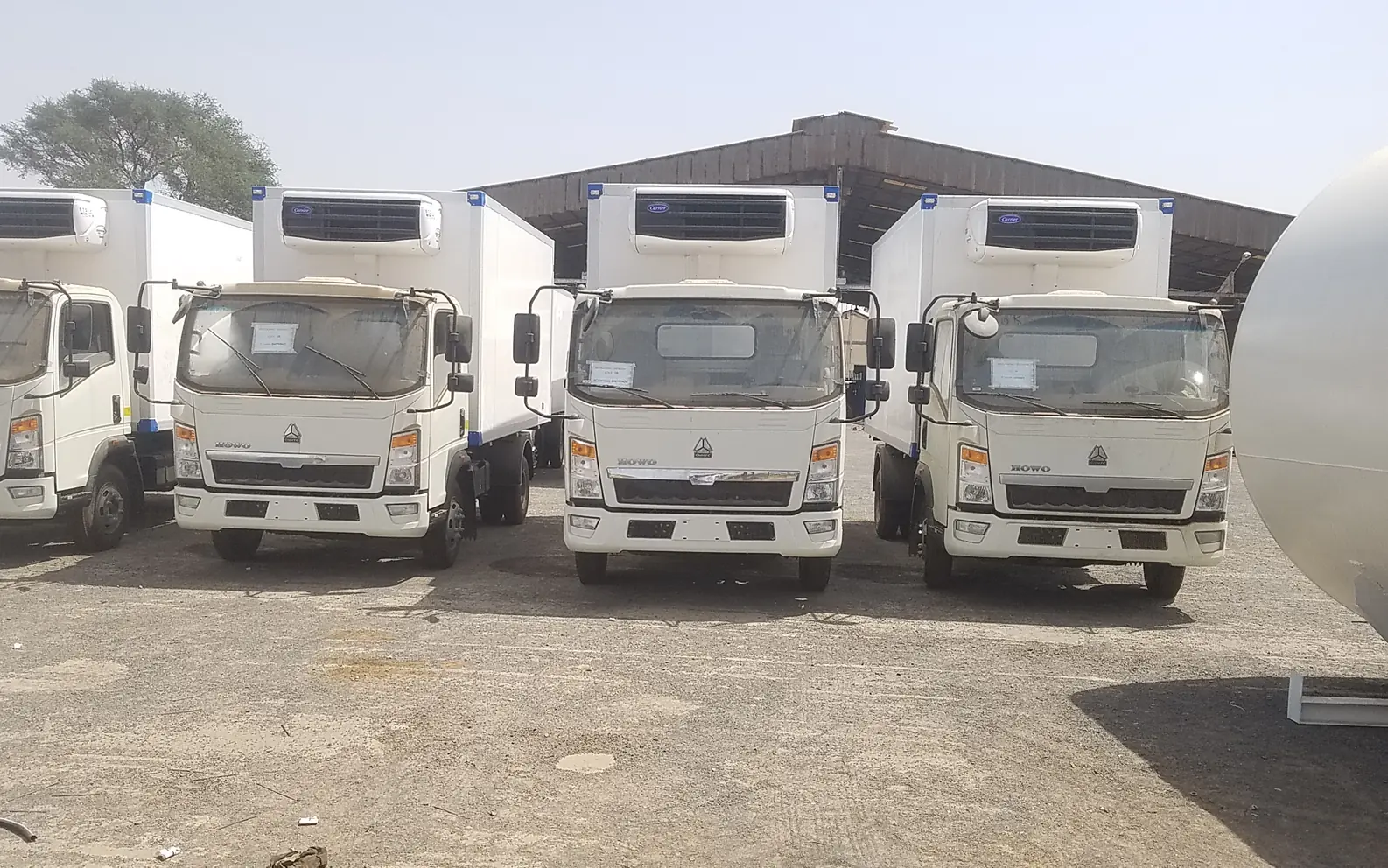 Flotte de camions frigorifiques alignés sur un parc au Sénégal, prêts pour la mise en service